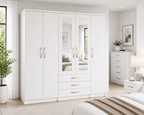 5 Door Wardrobe White – Modern Mirrored Bedroom Storage - Detailed Angle View 4