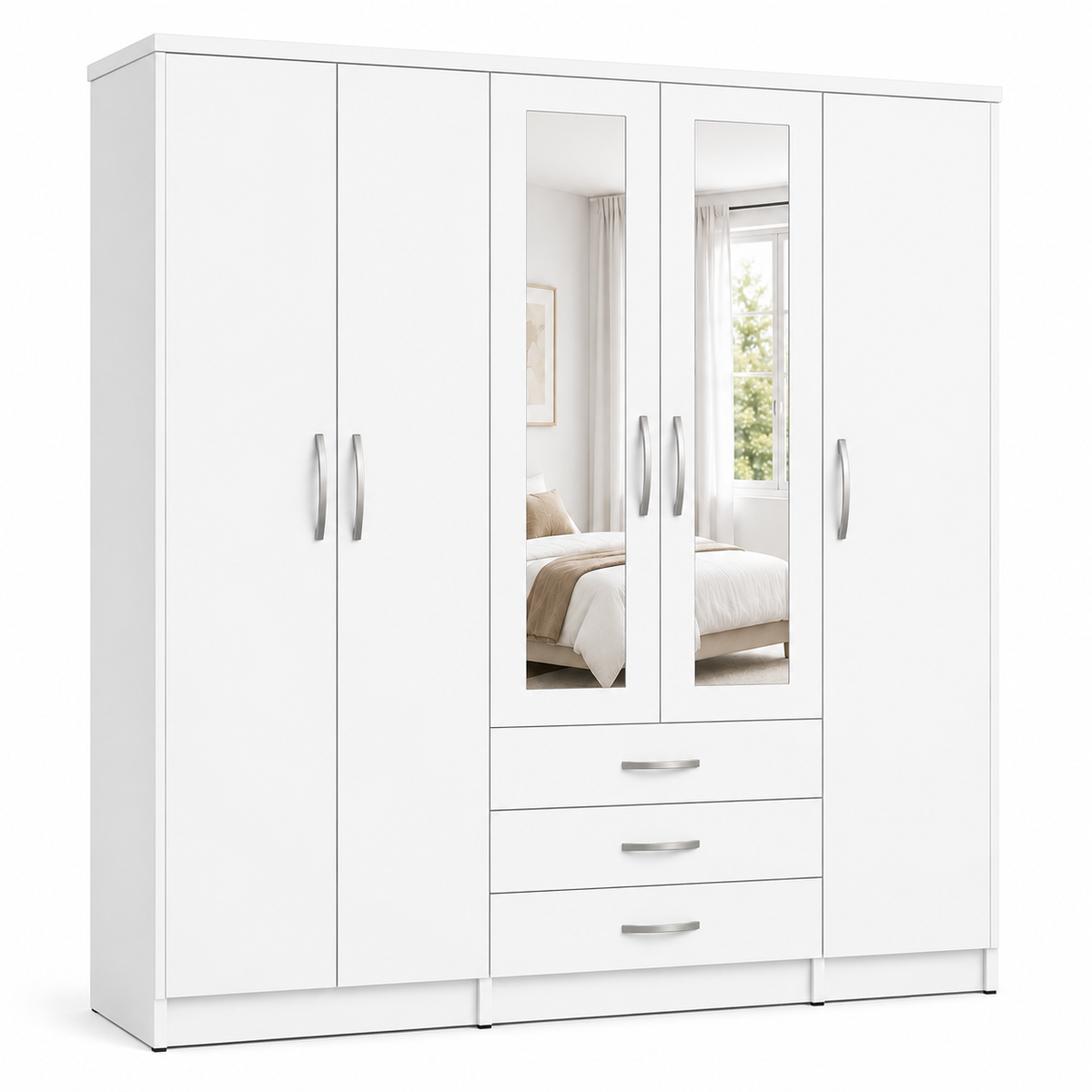 5 Door Wardrobe White – Modern Mirrored Bedroom Storage - Detailed Angle View 2