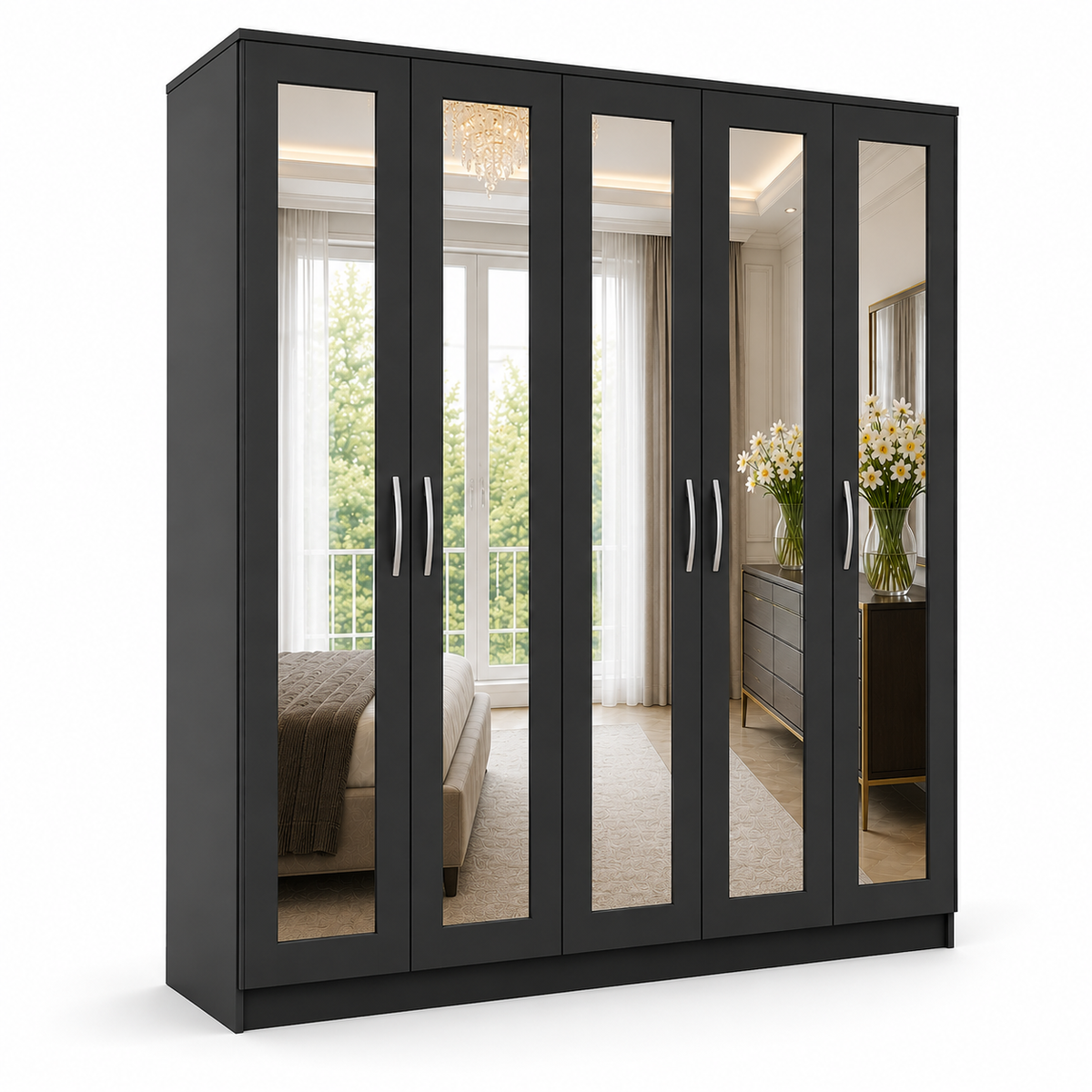 5 Door Wardrobe Without Drawers Black | Royal Rest Interiors UK - Detailed Angle View 2