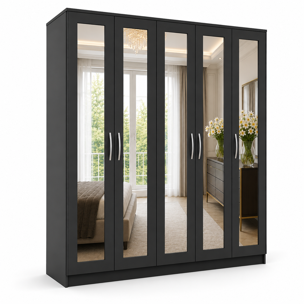 5 Door Wardrobe Without Drawers Black | FurniFolks UK - Detailed Angle View 2