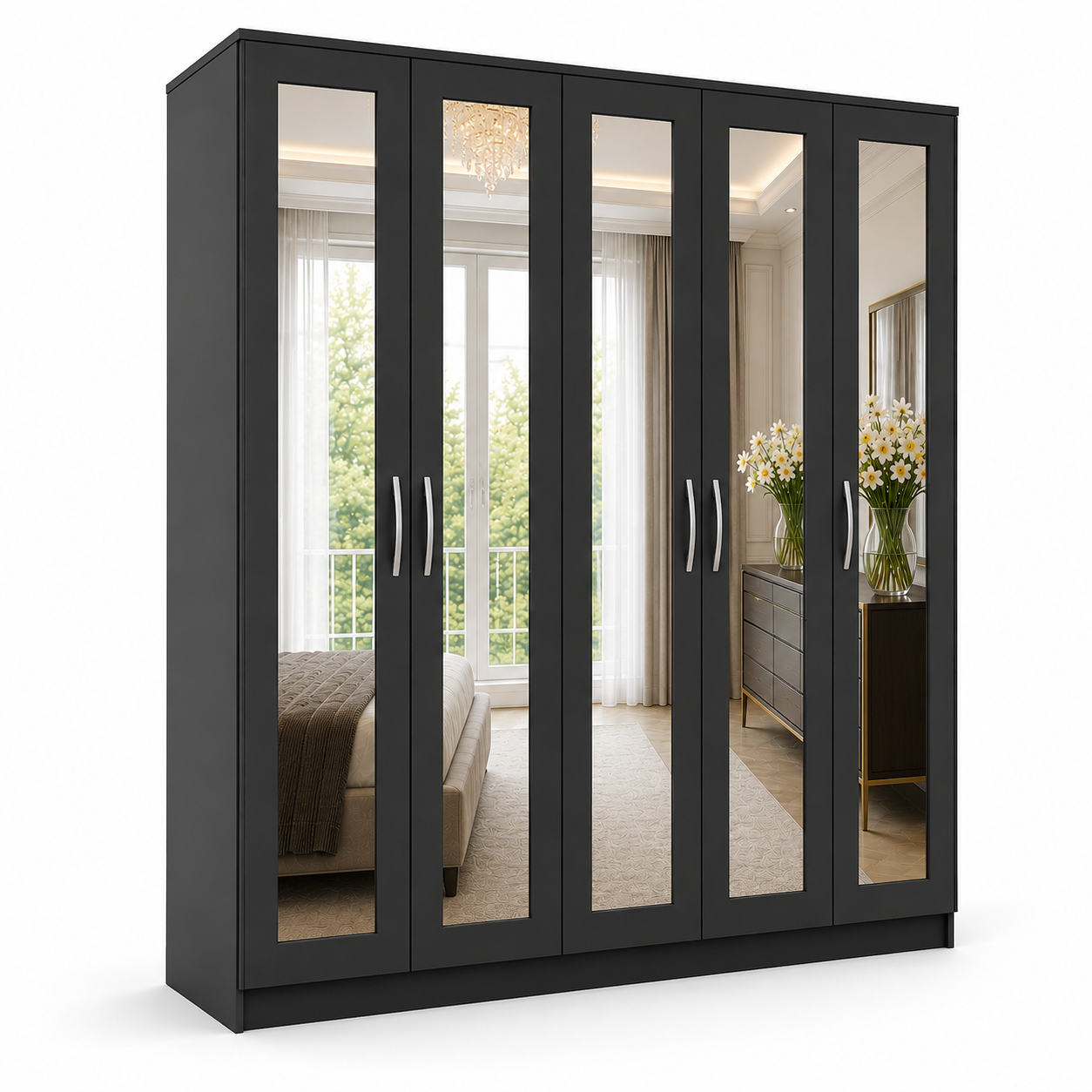 5 Door Wardrobe Without Drawers Black | FurniFolks UK - Detailed Angle View 2