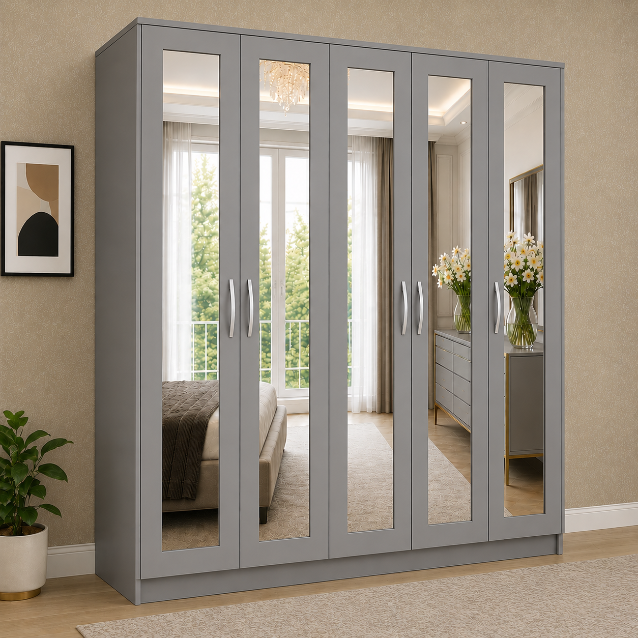5 Door Wardrobe Without Drawers Gray | FurniFolks UK - Detailed Angle View 4