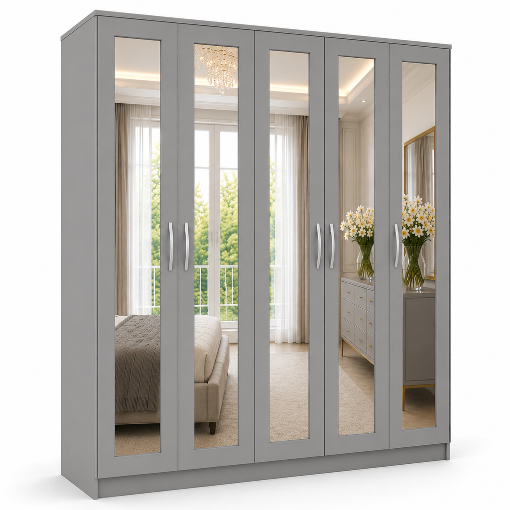 5 Door Wardrobe Without Drawers Gray | FurniFolks UK - Detailed Angle View 2