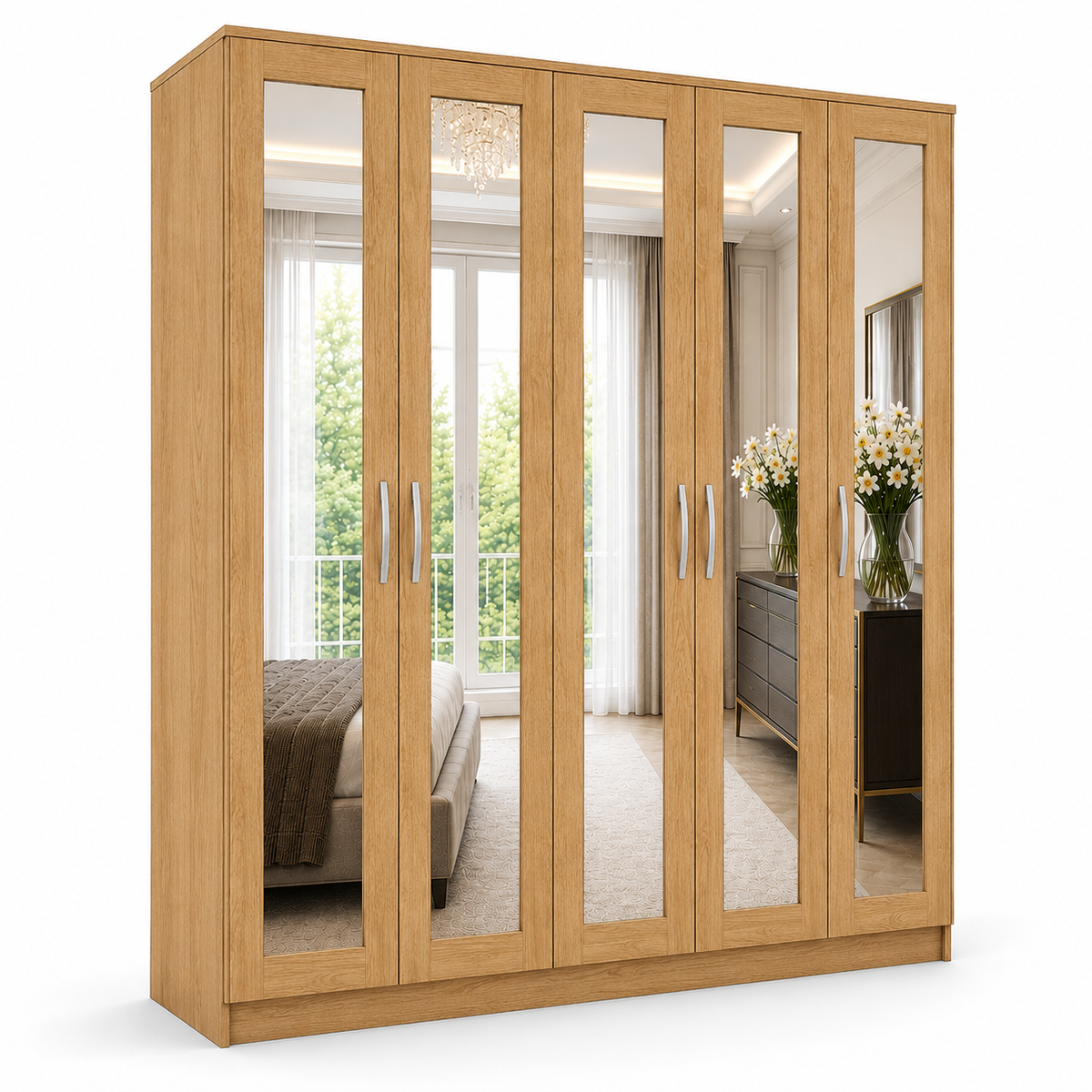 5 Door Wardrobe Without Drawers Oak | FurniFolks UK - Detailed Angle View 2