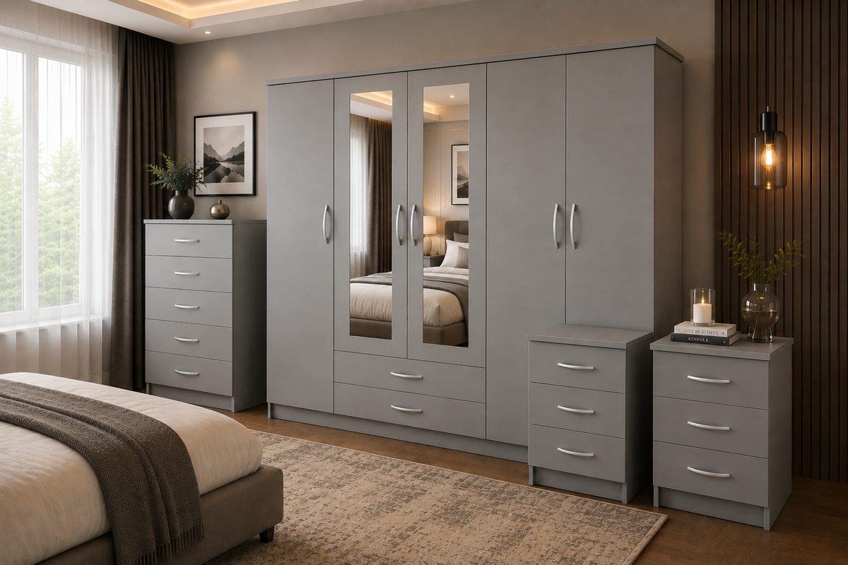 5 Door Wardrobe Set Gray | Modern Bedroom Storage - Detailed Angle View 4