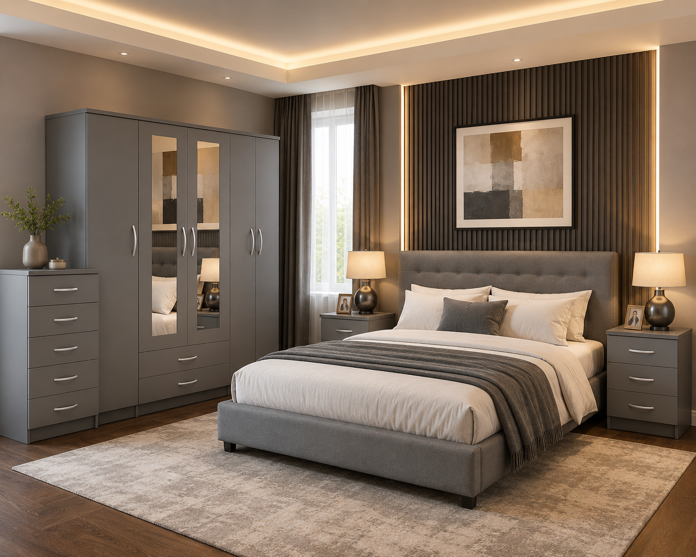 5 Door Wardrobe Set Gray | Modern Bedroom Storage - Detailed Angle View 3