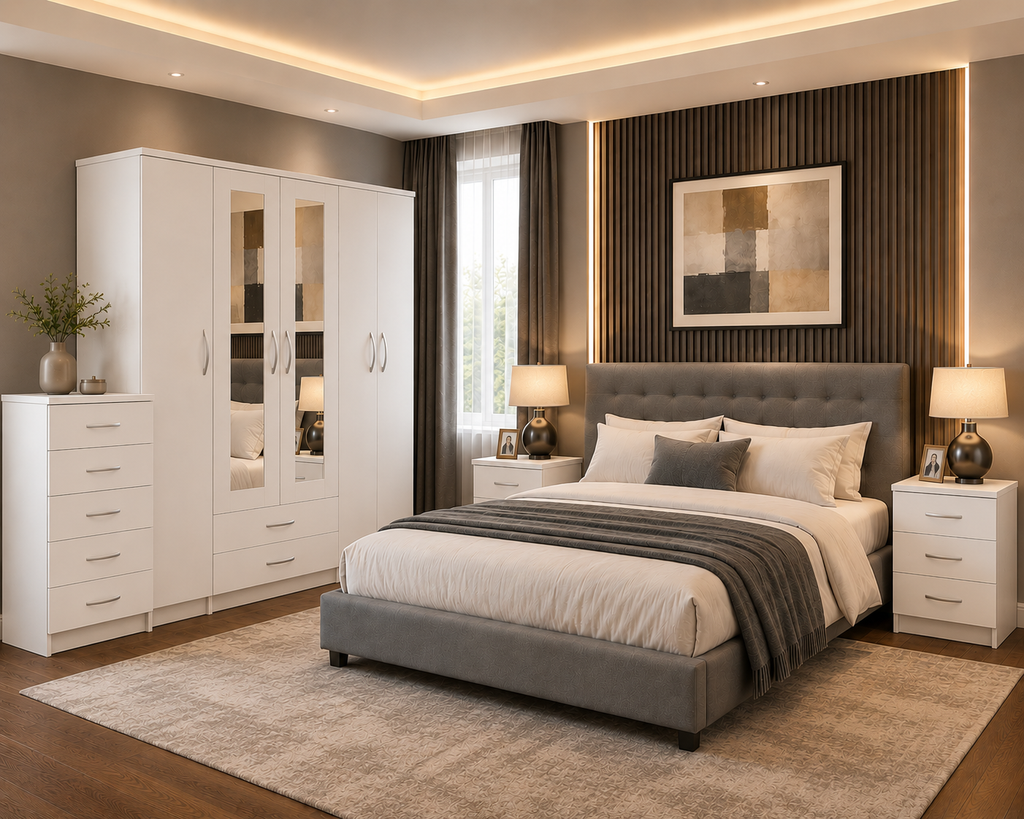 5 Door Wardrobe Set White | Trending Bedroom Furniture - Detailed Angle View 3