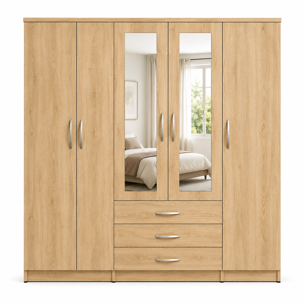 5 Door Wardrobe Oak | Modern Mirrored Bedroom Storage - Luxury UK Living Room Showcase