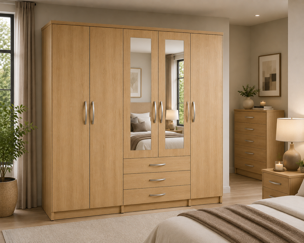 5 Door Wardrobe Oak | Modern Mirrored Bedroom Storage - Detailed Angle View 4