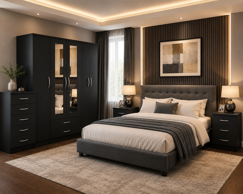 5 Door Wardrobe Set Black – Modern Mirrored Bedroom Furniture - Detailed Angle View 3