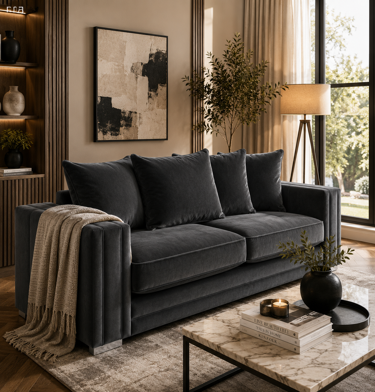 Ruby Alaska 3 Seater Plush Velvet Dark Grey Sofa - Detailed Angle View 5