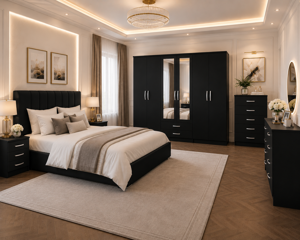 6 Door Wardrobe Set Black | Large Bedroom Storage - Detailed Angle View 4