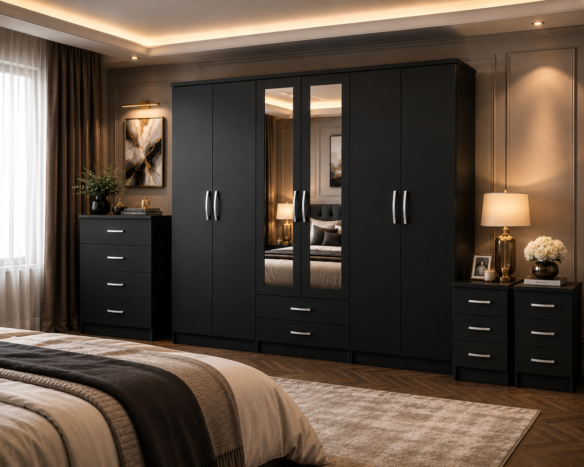 6 Door Wardrobe Set Black | Large Bedroom Storage - Detailed Angle View 3