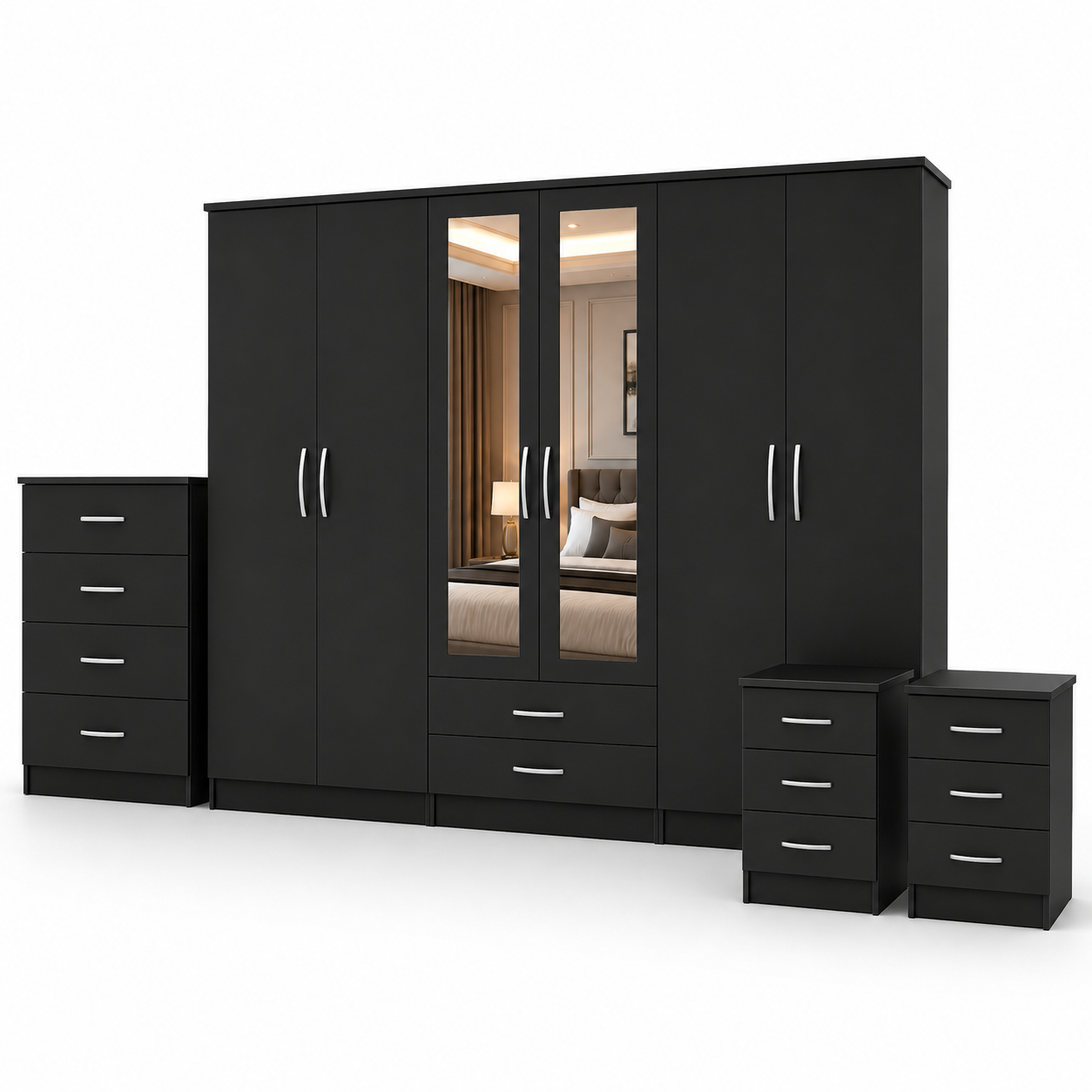 6 Door Wardrobe Set Black | Large Bedroom Storage - Luxury UK Living Room Showcase