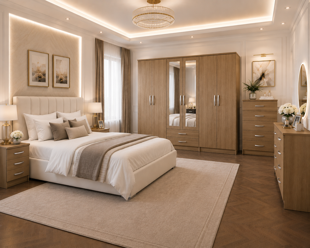 6 Door Wardrobe Set Oak | Warm Bedroom Storage - Detailed Angle View 4