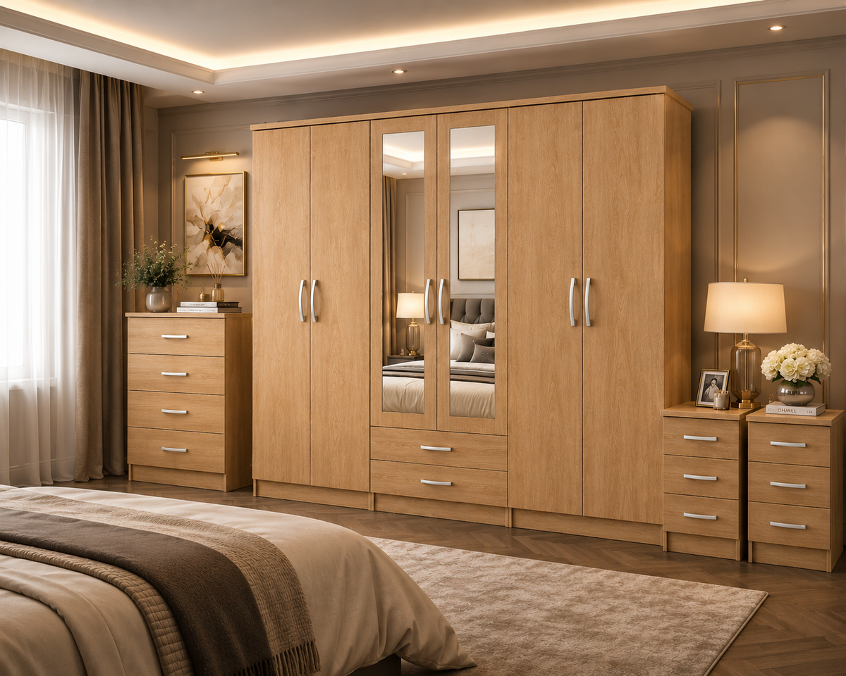 6 Door Wardrobe Set Oak | Warm Bedroom Storage - Detailed Angle View 3
