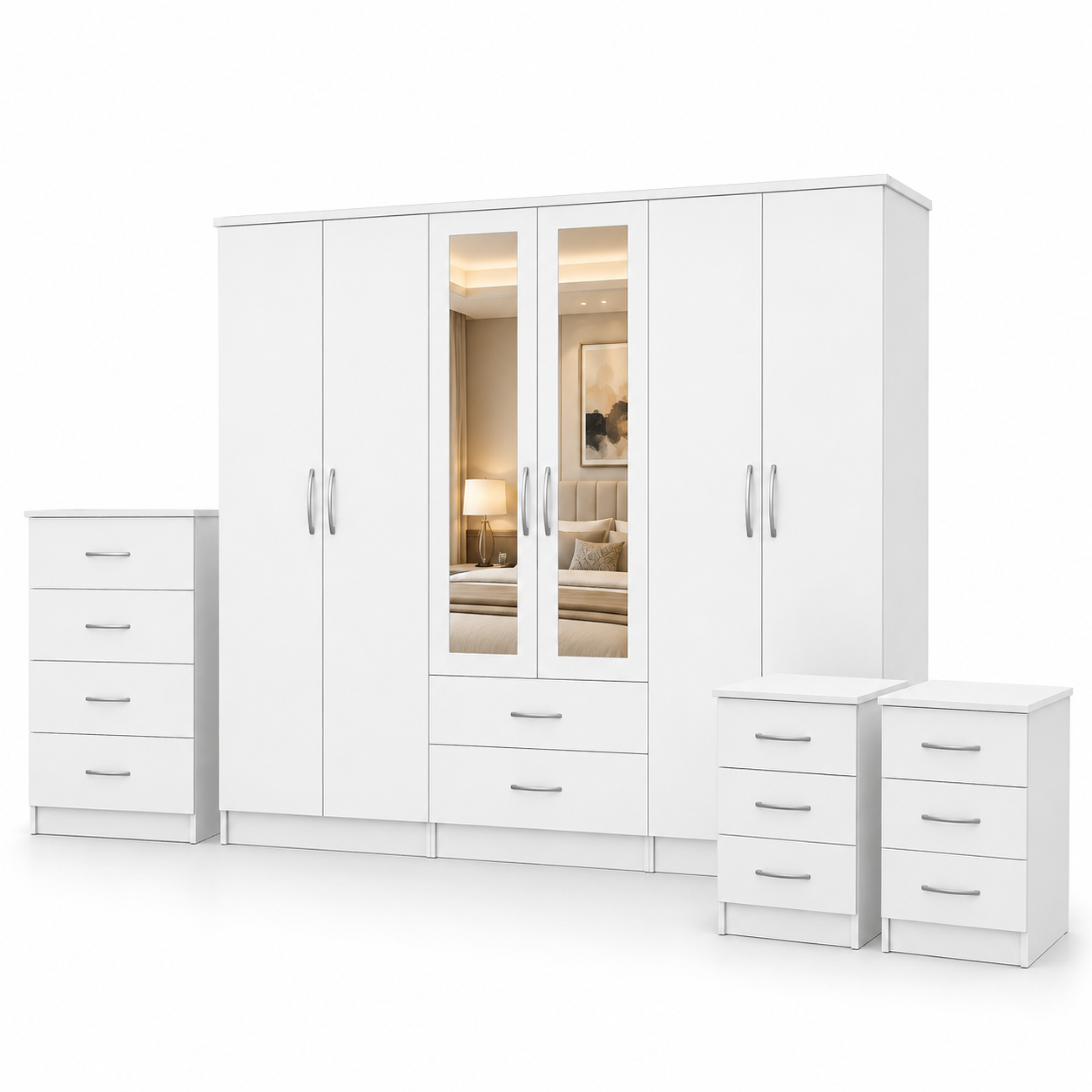 6 Door Wardrobe Set White | Bright Bedroom Storage - Luxury UK Living Room Showcase