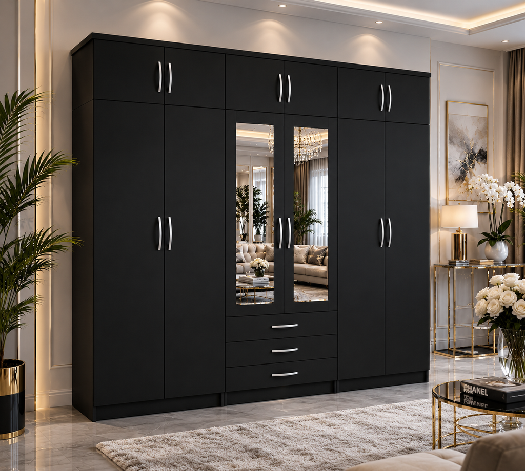 6 Door Wardrobe With Topbox Black | FurniFolks UK - Detailed Angle View 3