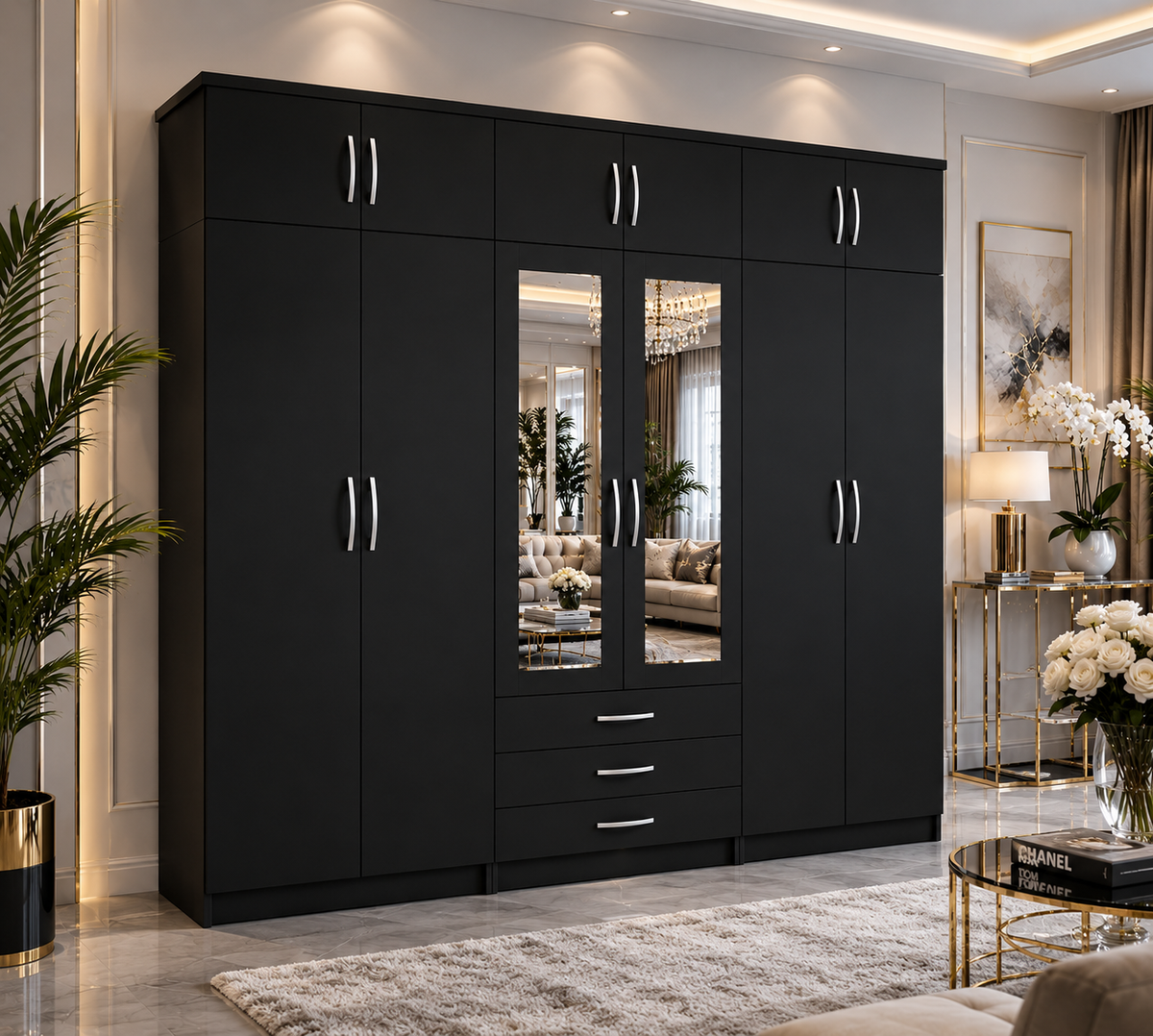 6 Door Wardrobe With Topbox Black | FurniFolks UK - Detailed Angle View 3