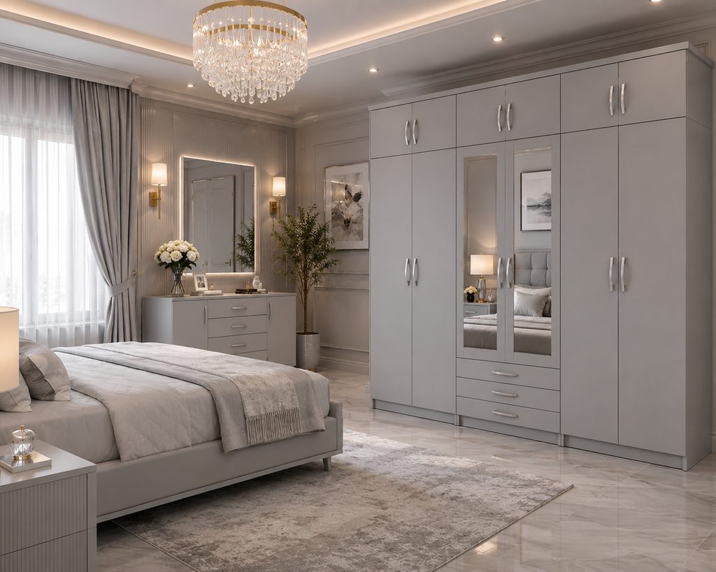 6 Door Wardrobe With Topbox Gray | Large Bedroom Storage UK - Detailed Angle View 4