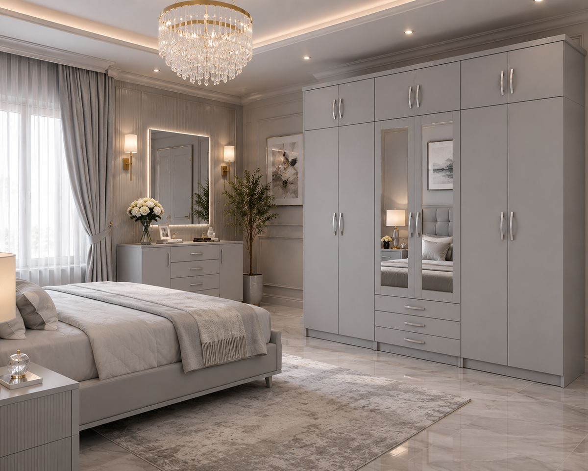 6 Door Wardrobe With Topbox Gray | Large Bedroom Storage UK - Detailed Angle View 4
