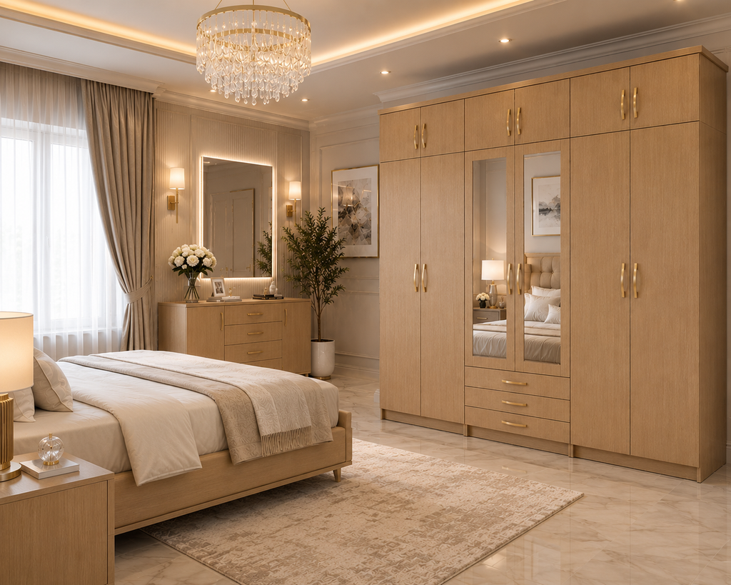 6 Door Wardrobe With Topbox Oak – FurniFolks Bedroom Storage - Detailed Angle View 4