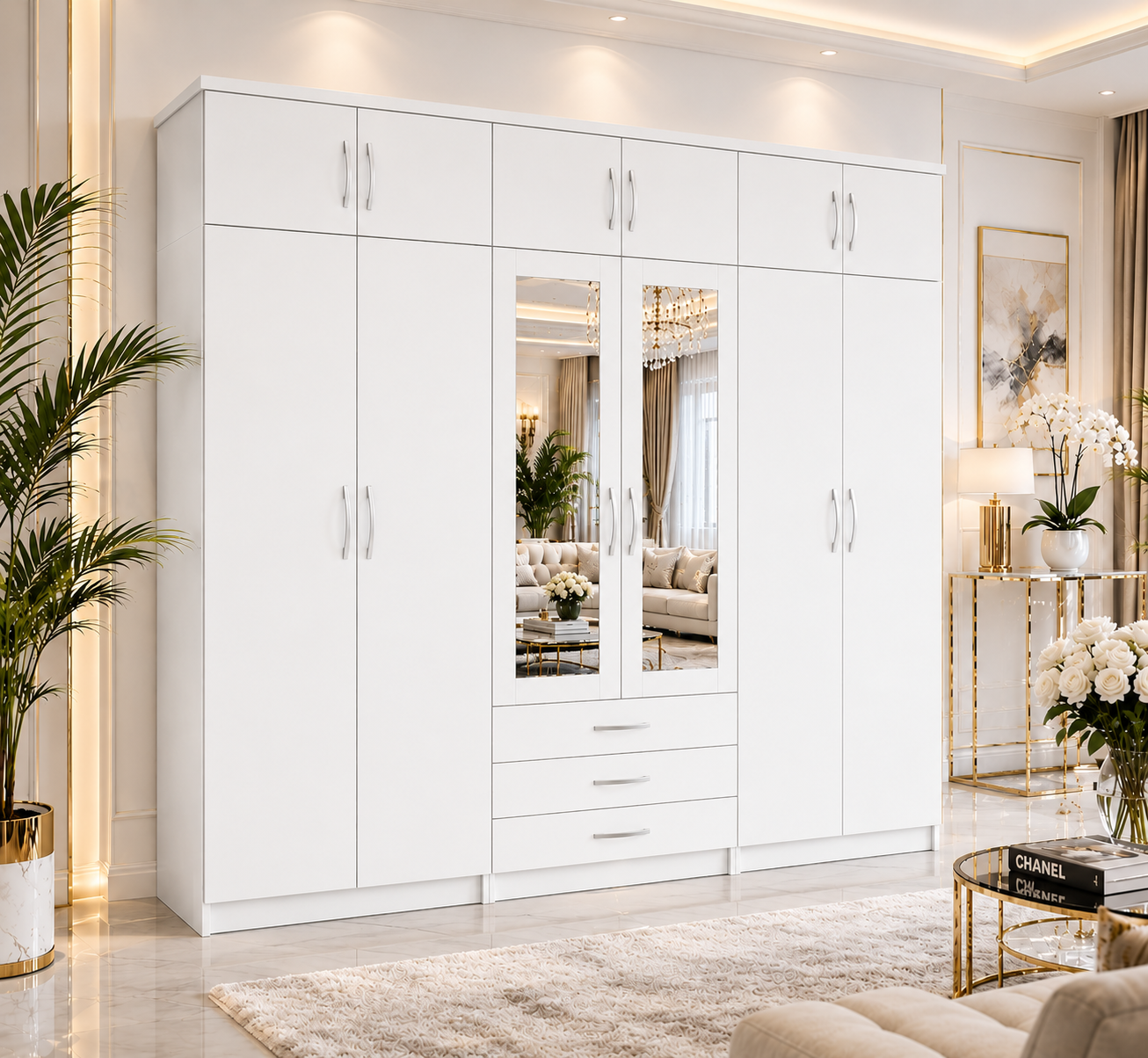 6 Door Wardrobe With Topbox White | FurniFolks  Storage UK - Detailed Angle View 3