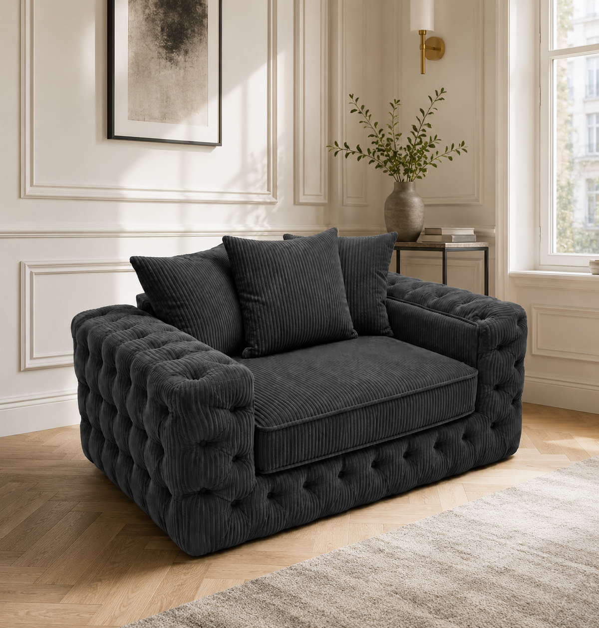 ASHTON 1 Seater Jumbo Cord Dark Grey Sofa | FurniFolks UK - Detailed Angle View 4