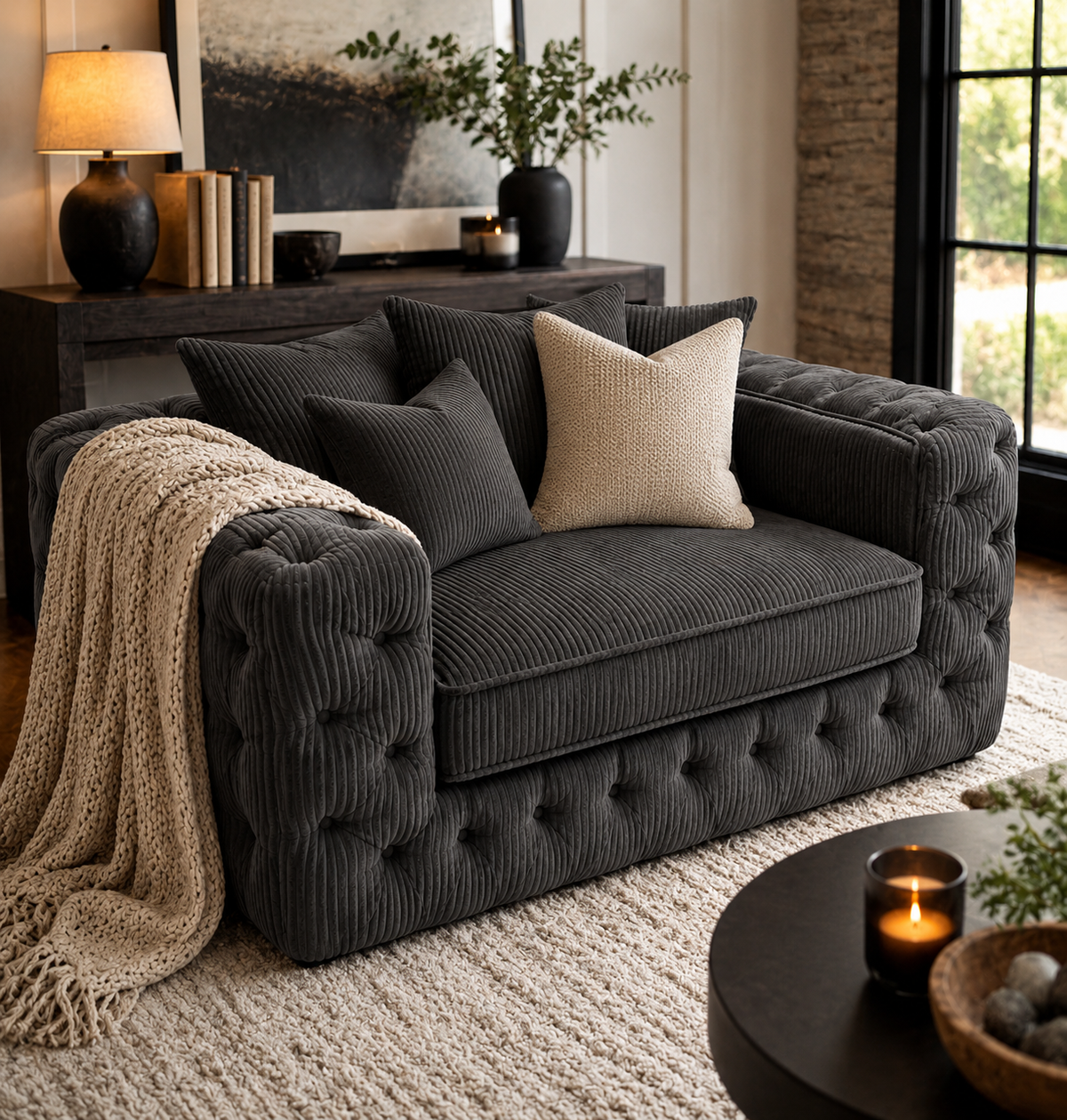ASHTON 1 Seater Jumbo Cord Dark Grey Sofa | FurniFolks UK - Detailed Angle View 5