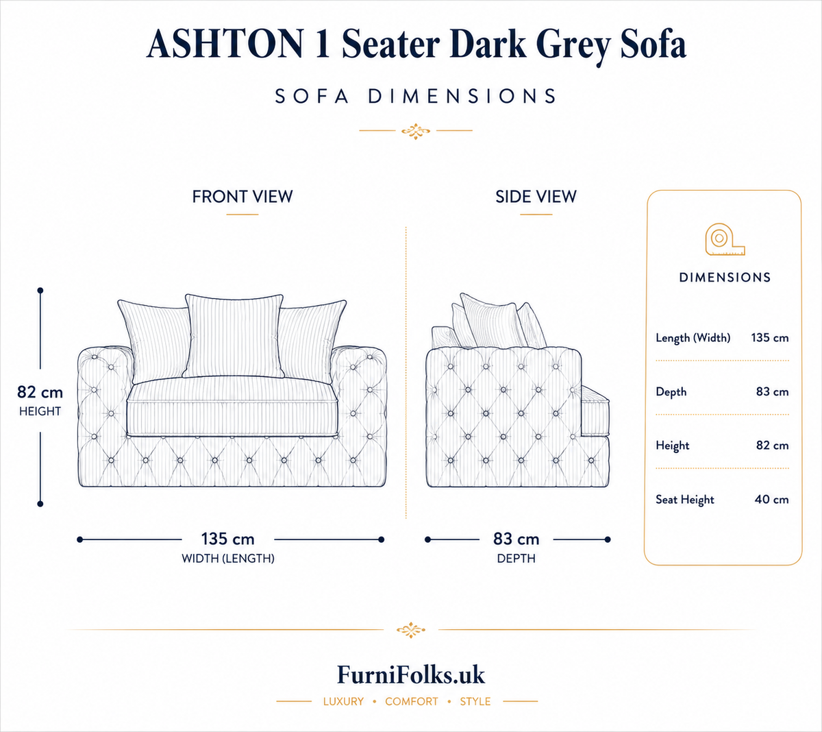 ASHTON 1 Seater Naples & Kinsington Dark Grey Sofa | Royal Rest Interiors - Detailed Angle View 6