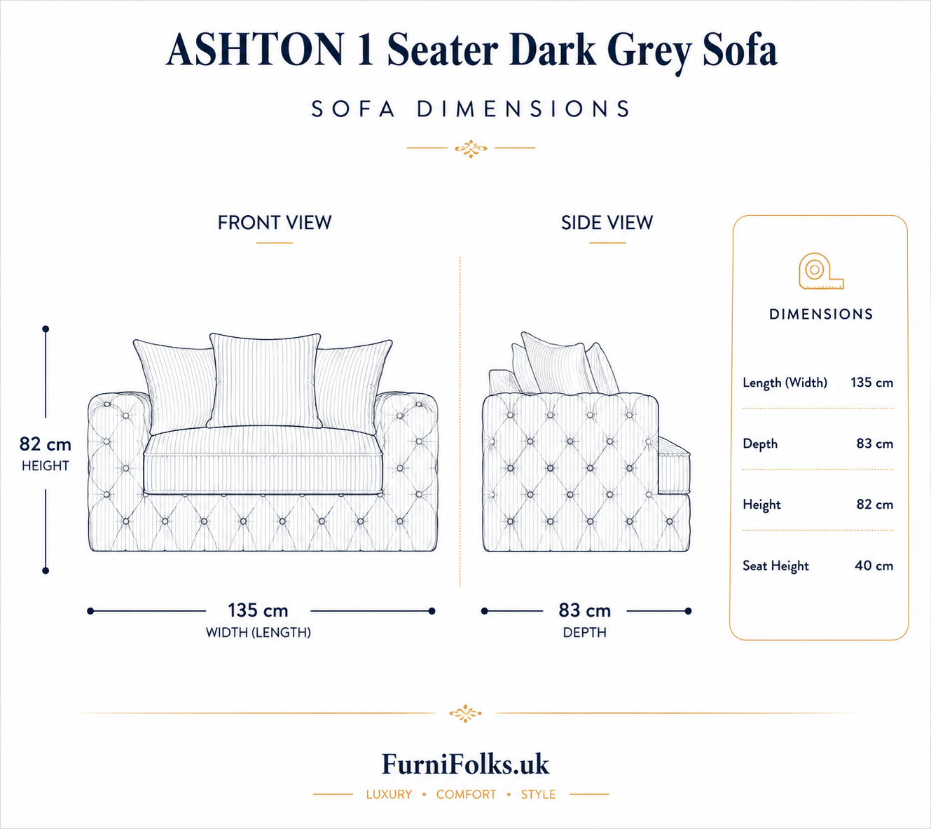 ASHTON 1 Seater Naples & Kinsington Dark Grey Sofa | FurniFolks - Detailed Angle View 6