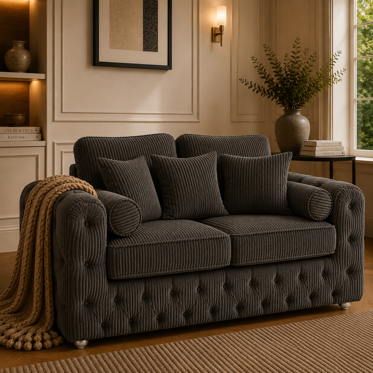 ASHTON 2 Seater Jumbo Cord Dark Grey Sofa - Detailed Angle View 5