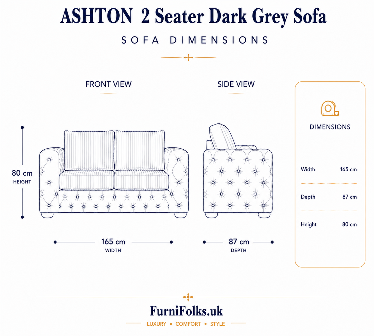 ASHTON 2 Seater Jumbo Cord Dark Grey Sofa - Detailed Angle View 6