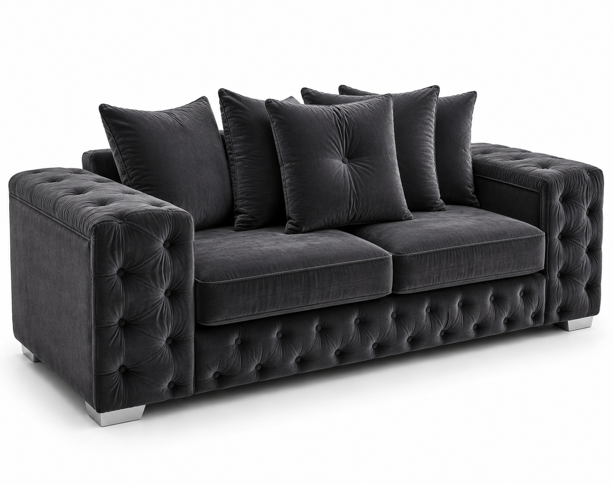 Ashton 3 Seater Plush Velvet Dark Grey Sofa - Luxury UK Living Room Showcase