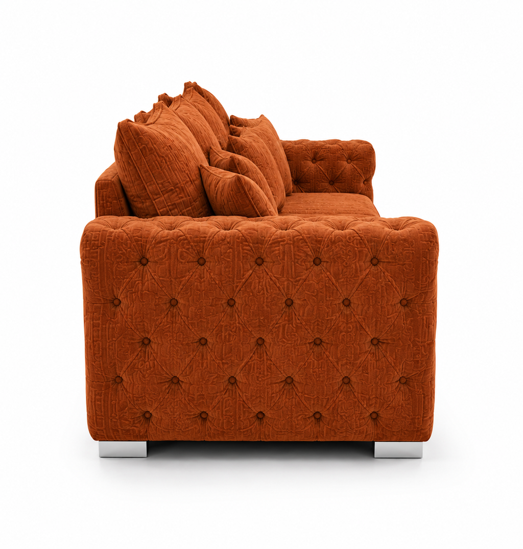 Madrid Chesterfield 2 Seater Chenille Burnt Orange Sofa - Detailed Angle View 2
