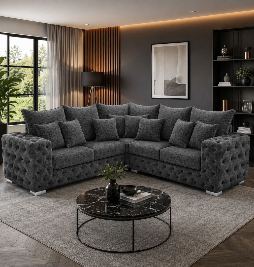 Ashton 5 Seater Corner L-Shape Chenille Dark Grey Sofa - Detailed Angle View 4