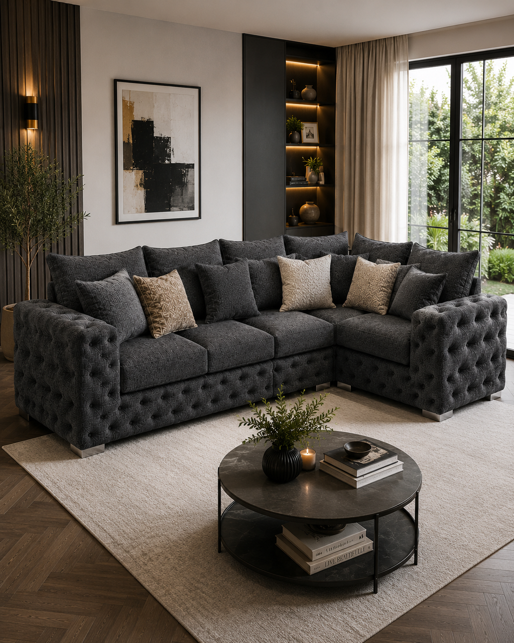 Ashton 5 Seater Corner L-Shape Chenille Dark Grey Sofa - Detailed Angle View 5