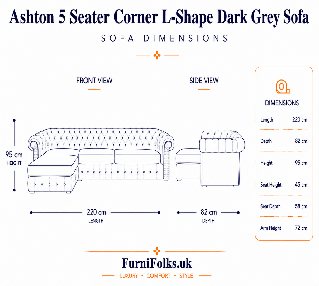 Ashton 5 Seater Corner L-Shape Chenille Dark Grey Sofa - Detailed Angle View 6