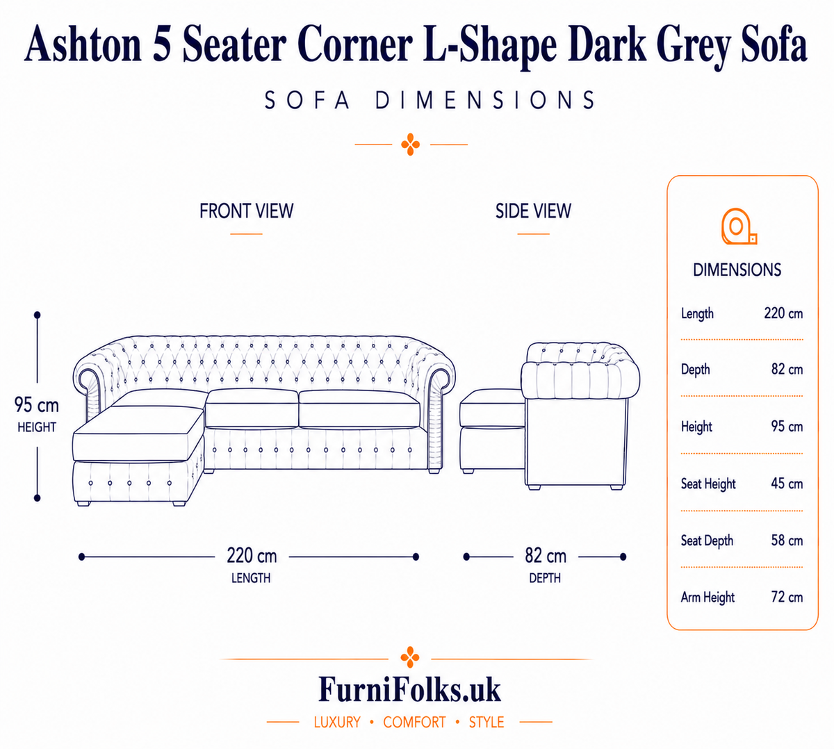 Ashton 5 Seater Corner L-Shape Chenille Dark Grey Sofa - Detailed Angle View 6