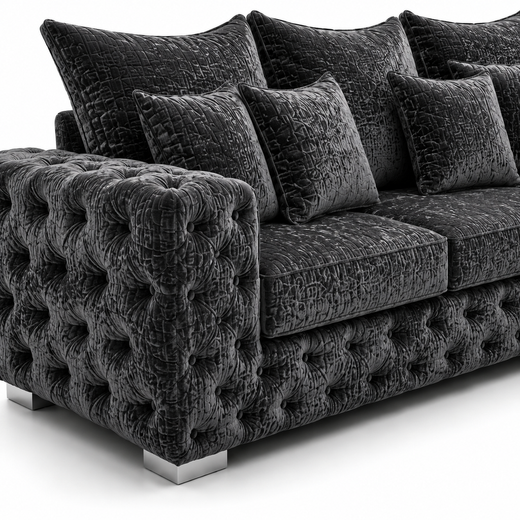 Ashton 5 Seater Corner L-Shape Crush Velvet Dark Grey Sofa - Detailed Angle View 3