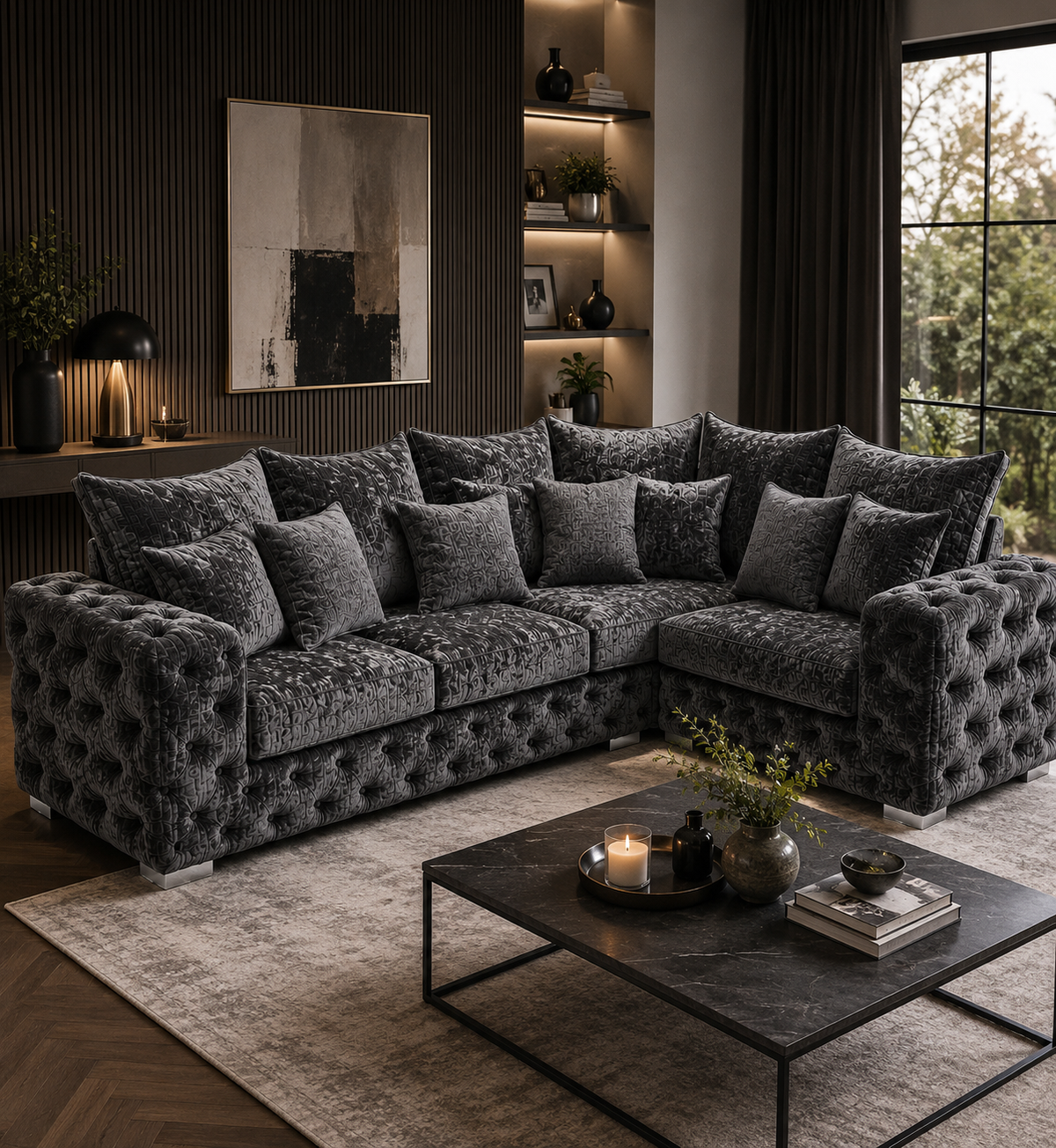 Ashton 5 Seater Corner L-Shape Crush Velvet Dark Grey Sofa - Detailed Angle View 4