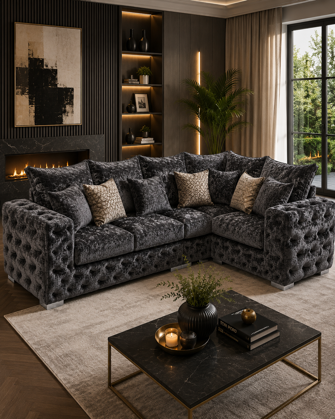 Ashton 5 Seater Corner L-Shape Crush Velvet Dark Grey Sofa - Detailed Angle View 5
