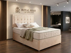 Royal Rest Interiors Cube Divan Bed with 2 drawers in beige plush velvet featuring deep-padded geometric headboard
