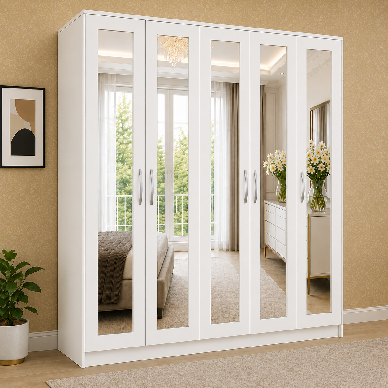 5 Door Wardrobe Without Drawers White | FurniFolks UK - Detailed Angle View 4