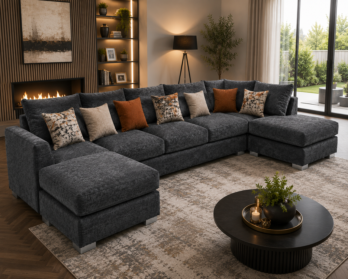 Bishop Large U Shape 5 Seater Chenille Dark Grey Sofa - Detailed Angle View 4