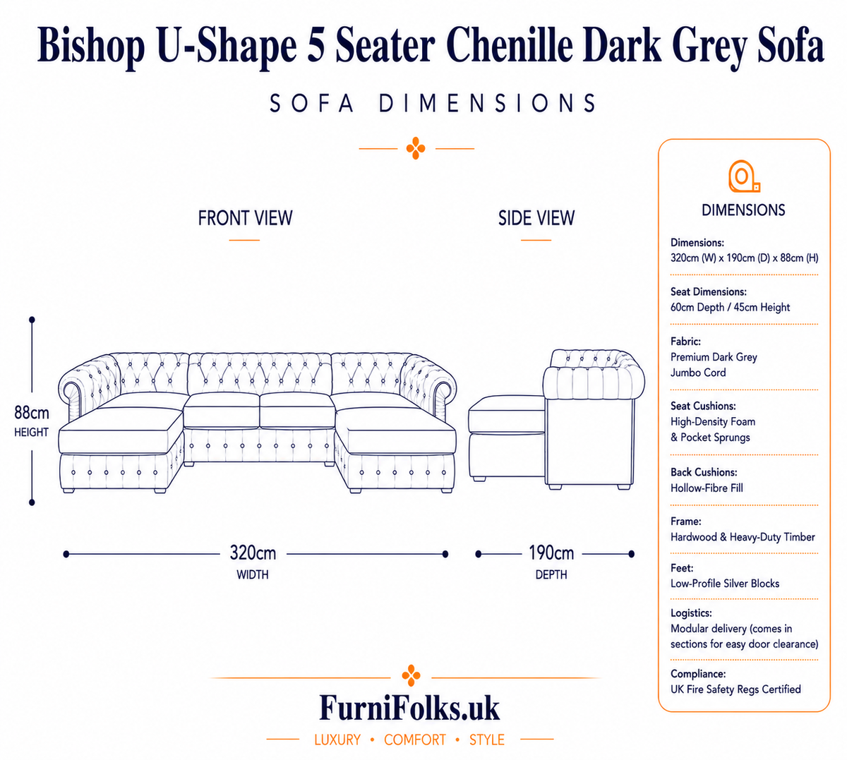 Bishop Large U Shape 5 Seater Chenille Dark Grey Sofa - Detailed Angle View 7