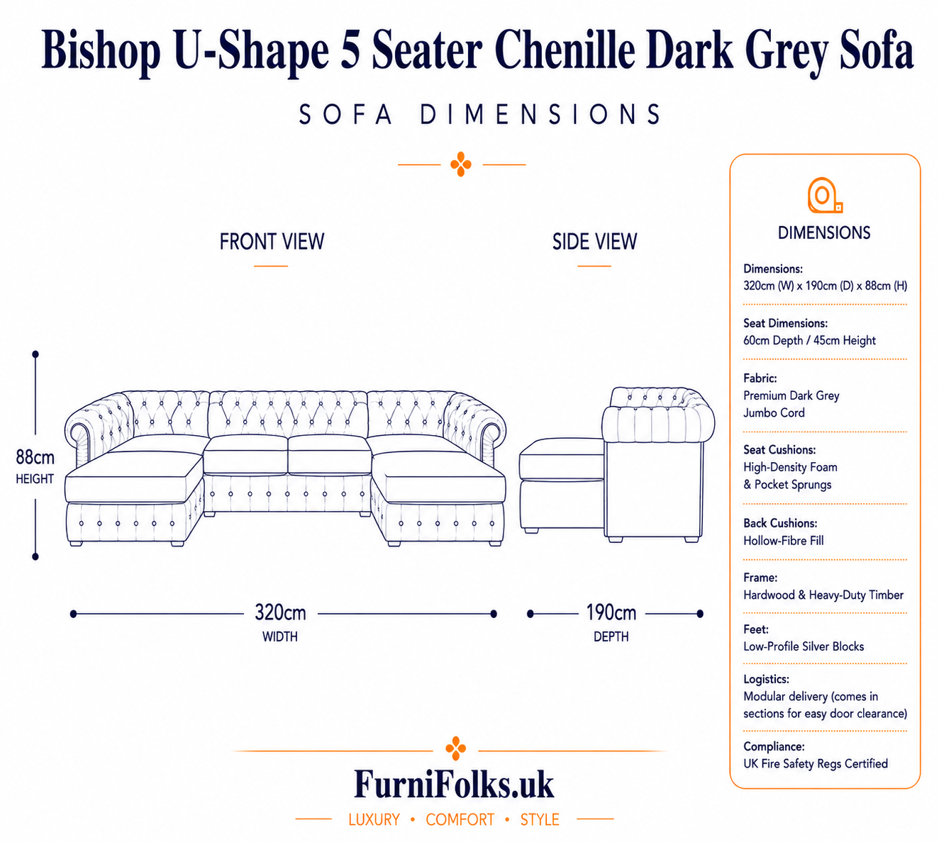 Bishop Large U Shape 5 Seater Chenille Dark Grey Sofa - Detailed Angle View 7