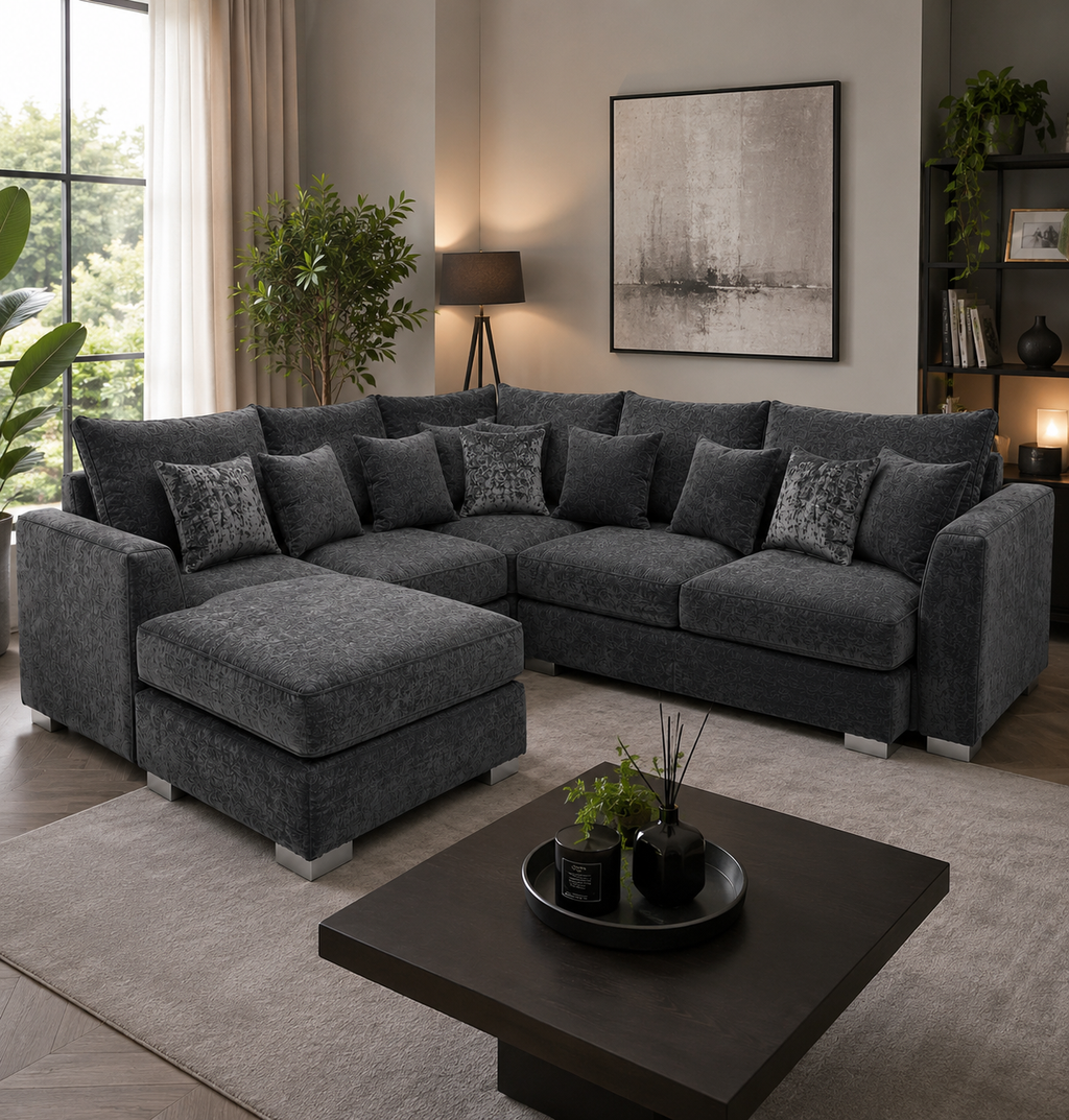 Bishop Large U Shape 5 Seater Chenille Dark Grey Sofa - Detailed Angle View 5