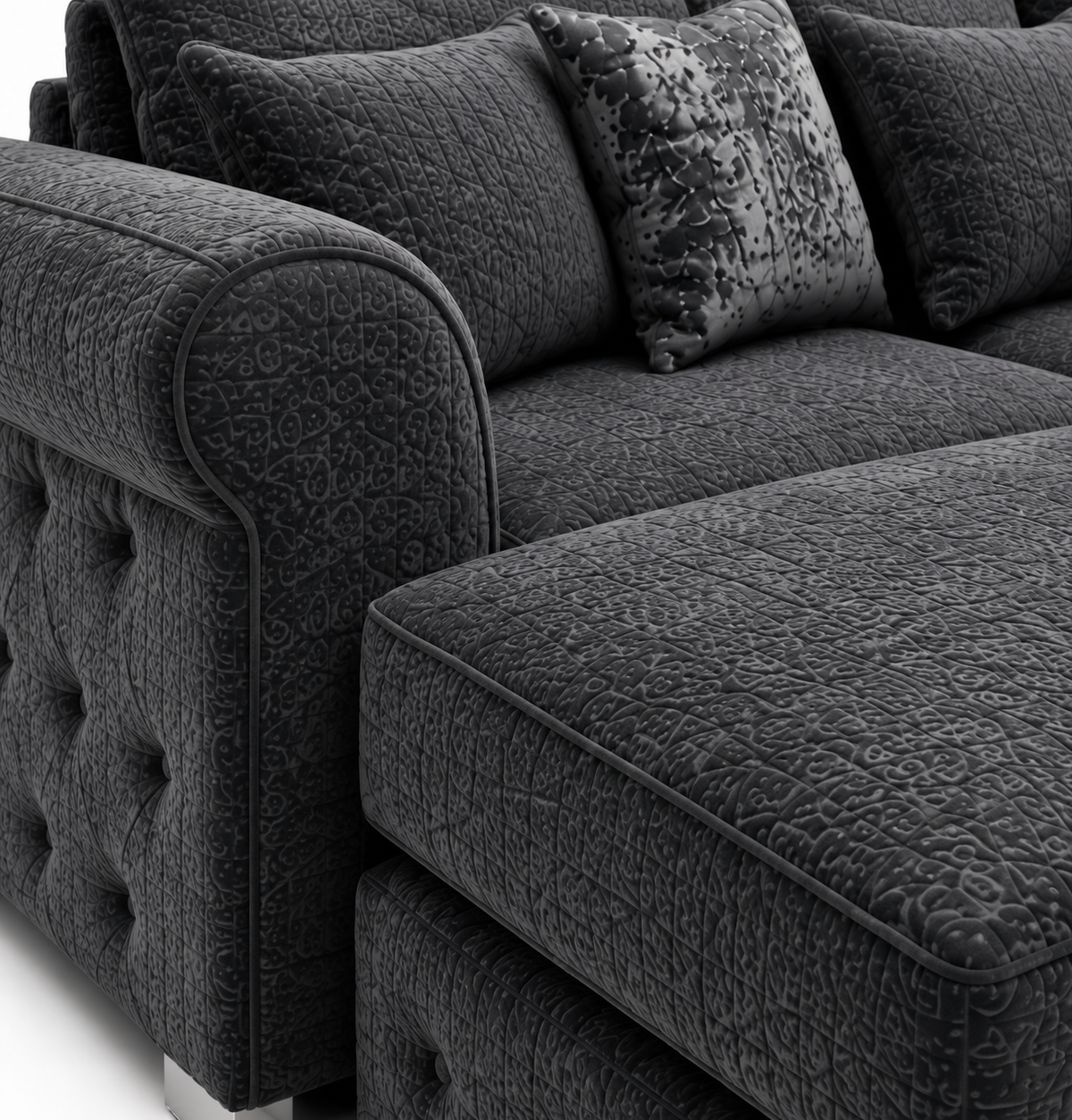 Bishop Large U Shape 5 Seater Chenille Dark Grey Sofa - Detailed Angle View 3