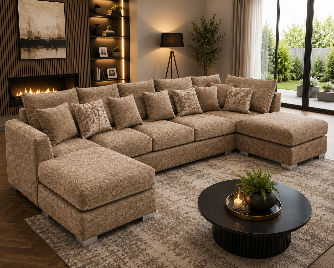 Bishop Large U Shape 5 Seater Chenille Mink Sofa - Detailed Angle View 4